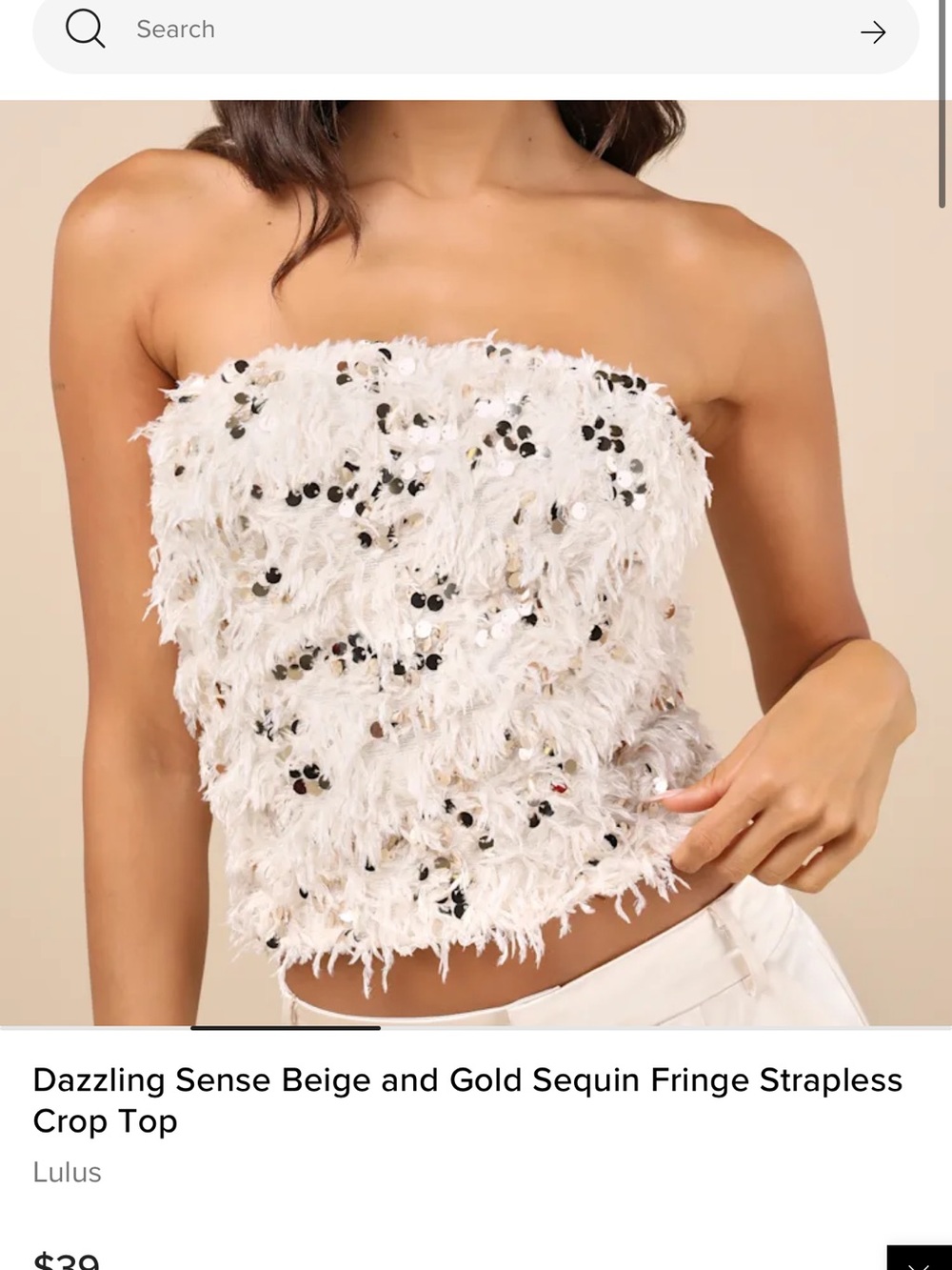 Lulu's Cream Sequin Fringe Strapless Crop Top